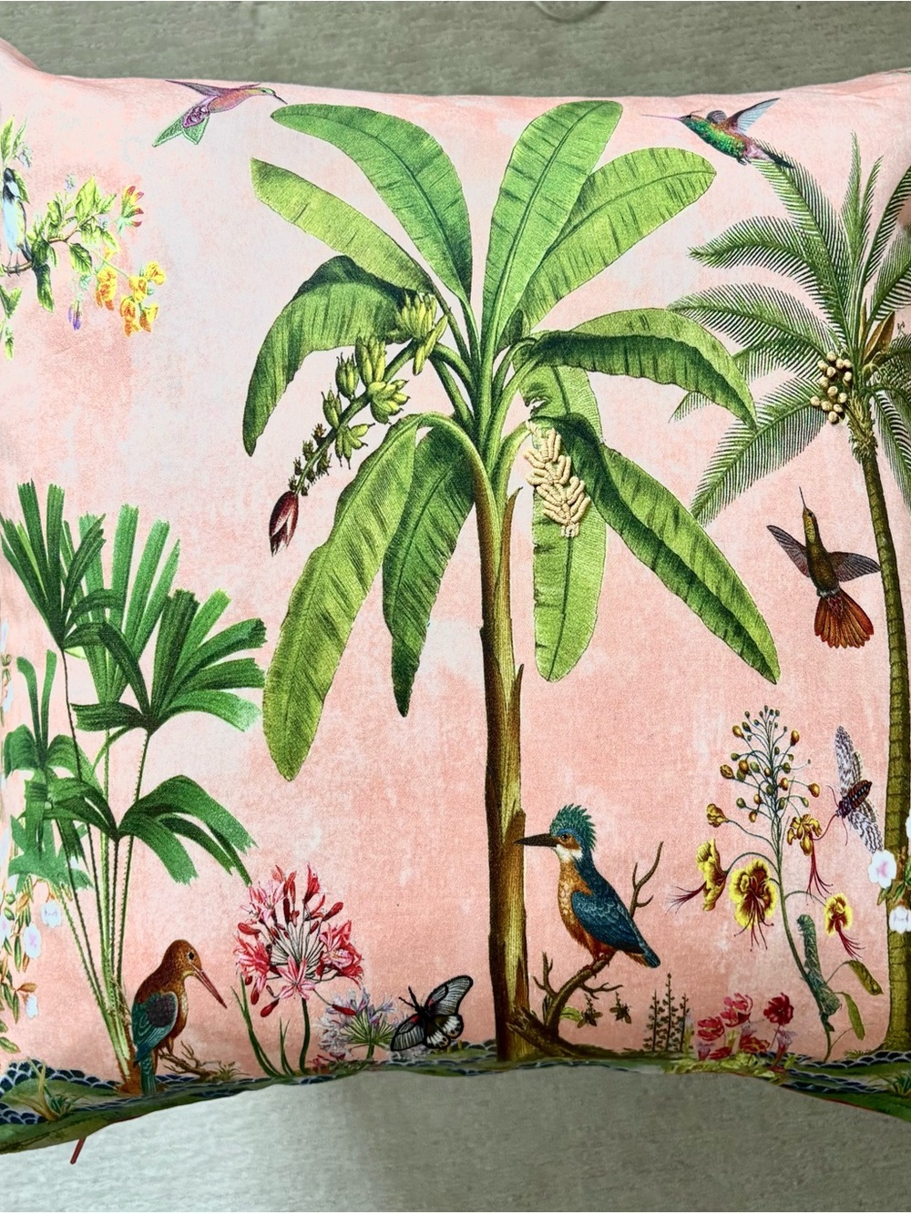 Tropical Palm & Hummingbird Feather Pillow in Coral Pink and Green NEW!